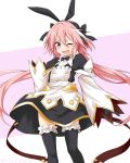  1boy astolfo_(fate) astolfo_(saber)_(fate) bangs black_bow black_gloves black_ribbon blush bow bowtie commentary_request dress eyebrows_visible_through_hair fang fate/grand_order fate_(series) felutiahime frills gloves hair_between_eyes hair_bow hair_intakes hair_ribbon highres long_hair long_sleeves looking_at_viewer multicolored_hair one_eye_closed otoko_no_ko pink_hair ribbon simple_background solo streaked_hair thigh-highs twintails two-tone_background violet_eyes white_hair 