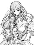  1girl alondite altina arm_guards breasts collared_dress covered_navel dress dual_wielding elbow_gloves fire_emblem fire_emblem:_radiant_dawn gloves holding holding_sword holding_weapon huge_weapon long_hair looking_away monochrome pelvic_curtain ponytail ragnell serious shoulder_armor shoulder_pads simple_background solo sword tenchan_man thigh-highs weapon white_background zettai_ryouiki 