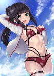  1girl aqua_eyes bangs bikini black_hair blue_sky blunt_bangs clouds commentary_request cowboy_shot hems5288 highres jacket kantai_collection kurosawa_dia long_hair looking_at_viewer love_live! love_live!_sunshine!! ponytail red_bikini sidelocks sky smile soaking_feet solo swimsuit water white_jacket 