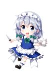  1girl apron bangs black_footwear blue_dress blue_eyes blush bow bowtie braid chibi cup dress eyebrows_visible_through_hair frilled_apron frills full_body green_bow green_neckwear hair_between_eyes hair_bow highres holding holding_knife holding_tray holding_weapon izayoi_sakuya knife looking_at_viewer maid maid_apron maid_headdress mary_janes open_mouth petticoat puffy_short_sleeves puffy_sleeves ruu_(tksymkw) shirt shoes short_hair short_sleeves silver_hair simple_background solo teacup teapot touhou tray twin_braids waist_apron weapon white_apron white_background white_shirt 