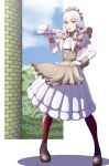 1girl absurdres cup fire_emblem fire_emblem:_three_houses full_body gzo1206 hair_ornament highres holding long_hair long_sleeves lysithea_von_ordelia maid maid_headdress open_mouth pink_eyes red_legwear solo teacup teapot tray white_hair 