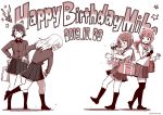  4girls bag bandages bandaid bangs blouse blunt_bangs blush boko_(girls_und_panzer) carrying character_name closed_eyes closed_mouth commentary dated dress_shirt english_text eyebrows_visible_through_hair frown gift girls_und_panzer greyscale grimace hand_on_hip happy_birthday highres holding holding_bag holding_stuffed_animal hone_(honehone083) itsumi_erika kuromorimine_school_uniform leaning_back leaning_forward leg_up loafers long_hair long_sleeves looking_at_another looking_back medium_hair miniskirt monochrome multiple_girls neckerchief nishizumi_maho nishizumi_miho ooarai_school_uniform open_mouth pleated_skirt school_bag school_uniform serafuku shadow shirt shoes shopping_bag short_hair siblings sisters skirt socks spot_color standing standing_on_one_leg star stuffed_animal stuffed_toy surprised sweatdrop takebe_saori thigh-highs throwing tsundere twitter_username 