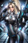  1girl artist_logo ayya_saparniyazova blonde_hair blue_eyes bodysuit boobplate breastplate breasts cowboy_shot goggles goggles_on_head gun large_breasts long_hair nova_(starcraft) ponytail rifle skin_tight sniper_rifle solo starcraft tagme visor weapon 