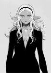  1girl alternate_costume bangs breasts dark_elf dark_skin elf elf-san_wa_yaserarenai. fashion forehead greyscale hairband highres kuroeda-san long_hair looking_at_viewer mole mole_under_eye monochrome no_bra parted_bangs plunging_neckline pointy_ears solo standing synecdoche 