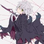  1girl an_apple_akaao bandaged_arm bandages black_legwear dagger facial_scar fate/apocrypha fate_(series) green_eyes grey_hair holding holding_dagger holding_weapon jack_the_ripper_(fate/apocrypha) looking_at_viewer scar scar_across_eye scar_on_cheek short_hair solo thigh-highs torn_clothes weapon 