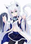  1girl :d ahoge animal_ear_fluff animal_ears azur_lane bangs bare_shoulders black_legwear black_skirt blue_neckwear blush braid breasts commentary_request detached_sleeves eyebrows_visible_through_hair fox_ears fox_girl fox_shadow_puppet fox_tail frilled_skirt frills green_eyes grey_background hair_between_eyes hajikaji hands_up highres hololive long_hair long_sleeves looking_at_viewer medium_breasts navel neckerchief open_mouth pantyhose paw_pose pleated_skirt shirakami_fubuki silver_hair simple_background skirt sleeveless smile solo tail very_long_hair virtual_youtuber white_sleeves wide_sleeves 