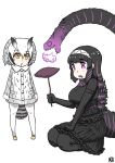  2girls :&lt; arms_at_sides artist_logo bird_tail black_hair blonde_hair closed_mouth coat crossover dress drooling elbow_gloves food frilled_dress frills full_body fur_collar gloves godzilla godzilla_(series) godzilla_(shin) grey_coat grey_hair hair_between_eyes hair_ornament hairband hand_up head_wings height_difference holding kemono_friends kishida_shiki medium_dress medium_hair multicolored_hair multiple_girls northern_white-faced_owl_(kemono_friends) open_mouth orange_eyes owl_ears pantyhose personification purple_hair ringed_eyes seiza shin_godzilla sidelocks simple_background sitting standing streaked_hair sweet_potato tail turtleneck two-tone_hair violet_eyes white_background white_hair yakiimo 