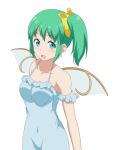  1girl alternate_costume arm_garter arms_at_sides bare_shoulders blue_dress blue_eyes blush breasts cato_(monocatienus) collarbone commentary_request daiyousei dress eyebrows_visible_through_hair fairy_wings green_hair hair_ribbon looking_at_viewer medium_breasts open_mouth ribbon short_hair side_ponytail simple_background solo spaghetti_strap standing sundress touhou upper_body white_background wings 
