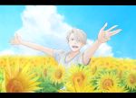  1boy :d blue_eyes blue_sky clouds flower male_focus open_mouth outstretched_arms shirt silver_hair sky smile spread_arms sunflower t-shirt takeshi_(mononohu20) upper_body viktor_nikiforov yuri!!!_on_ice 