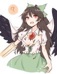  1girl ? arm_cannon bangs black_hair black_wings blush bow breasts cape commentary_request cowboy_shot eyebrows_visible_through_hair feathered_wings green_bow green_skirt hair_between_eyes hair_bow half_updo long_hair looking_at_viewer medium_breasts miyo_(ranthath) open_mouth puffy_short_sleeves puffy_sleeves red_eyes reiuji_utsuho shirt short_sleeves simple_background skirt solo spoken_question_mark torn_clothes torn_shirt touhou weapon white_background white_cape white_shirt wings 