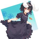  1girl absurdres alternate_color animal_ears berabou black_dress black_hair blush bunny_girl carrot_necklace commentary_request dress highres inaba_tewi rabbit_ears red_eyes ribbon-trimmed_dress short_hair skirt_hold smile solo touhou 