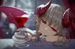  1girl :| alcohol brown_hair closed_mouth commentary_request cup curled_horns demon_girl demon_wings drinking_glass gloves glowing glowing_eyes highres looking_at_viewer makaino_ririmu nemu_kotatsu nijisanji red_eyes solo tagme virtual_youtuber wine wine_glass wings 