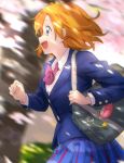  1girl :d bag bag_charm blazer blue_eyes blue_jacket blue_skirt bow bowtie charm_(object) clenched_hand collared_shirt commentary_request from_side holding_strap jacket kousaka_honoka long_sleeves love_live! love_live!_school_idol_project open_mouth orange_hair otonokizaka_school_uniform outdoors pleated_skirt red_neckwear running school_bag school_uniform shibasaki_shouji shirt short_hair skirt smile solo striped striped_neckwear 