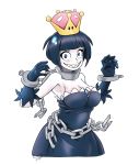  1girl black_dress black_gloves black_hair blue_eyes bob_cut breasts broken broken_chain brooch chain coolidgedoodles cuffs dated dress gloves grin highres jewelry large_breasts looking_at_viewer super_mario_bros. new_super_mario_bros._u_deluxe princess_chain_chomp shackles sharp_teeth smile super_crown super_mario_bros. teeth 
