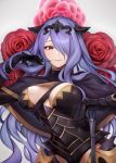  1girl absurdres armor breasts camilla_(fire_emblem) closed_mouth ei1han fire_emblem fire_emblem_fates flower hair_over_one_eye highres large_breasts long_hair purple_hair smile solo tiara upper_body violet_eyes 