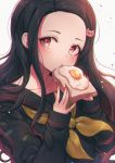  1girl bangs black_hair black_sailor_collar black_shirt brown_hair brown_neckwear cat_hair_ornament collarbone commentary eating fingernails food forehead fried_egg fried_egg_on_toast gradient_hair hair_ornament holding holding_food kamado_nezuko kimetsu_no_yaiba long_hair long_sleeves looking_at_viewer multicolored_hair neckerchief ozzingo parted_bangs revision sailor_collar school_uniform serafuku shirt simple_background sleeves_past_wrists solo symbol_commentary toast upper_body white_background 