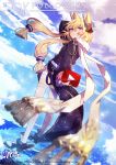  1girl absurdres azur_lane bangs blonde_hair blush breasts eyebrows_visible_through_hair floating_hair gloves hair_between_eyes headgear highres holding logo long_hair long_legs looking_at_viewer low_twintails motomiya_mitsuki official_art open_mouth rudder_footwear scarf shoes sidelocks smile solo standing standing_on_liquid thigh-highs twintails violet_eyes warspite_(azur_lane) watermark white_gloves white_legwear white_scarf youtube_logo 