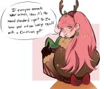  1girl animal_costume antlers box earrings english_text fire_emblem fire_emblem:_three_houses from_behind funyanrinpa fur_trim gift gift_box gloves grin highres hilda_valentine_goneril holding jewelry long_hair looking_back pink_eyes pink_hair ponytail reindeer_antlers reindeer_costume simple_background smile solo upper_body 
