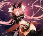  1boy arms_behind_head arms_up astolfo_(fate) astolfo_(saber)_(fate) bangs belt black_bow black_gloves black_jacket black_legwear black_neckwear black_ribbon black_shirt black_skirt blush bow bowtie buttons chain coattails cropped_shirt fate/grand_order fate_(series) faulds gloves hair_between_eyes hair_bow hair_intakes hair_ribbon highres jacket juliet_sleeves long_hair long_sleeves looking_at_viewer low_twintails midriff miniskirt multicolored_hair navel nishiide_kengorou open_clothes open_jacket open_mouth otoko_no_ko pink_hair pleated_skirt puffy_sleeves ribbon shirt skirt solo streaked_hair thigh-highs thighs twintails violet_eyes white_hair wide_sleeves wing_collar 