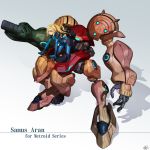  1girl adapted_costume arm_cannon bangs blonde_hair blue_bodysuit blue_eyes bodysuit character_name closed_mouth copyright_name expressionless full_body high_ponytail kakizaka_hachishika leaning_forward long_hair looking_down mecha mechanical metroid ponytail samus_aran science_fiction sidelocks solo standing swept_bangs varia_suit weapon zero_suit 