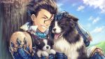  1boy animal arm_up bare_shoulders black_hair blue_sky border_collie brown_eyes closed_eyes clouds commentary_request day diarmuid_ua_duibhne_(fate/grand_order) dog fate/grand_order fate_(series) gauntlets grin hagino_kouta hair_strand male_focus mole mole_under_eye outdoors revision sitting sky sleeveless smile solo tongue tongue_out tree twitter_username upper_body v-shaped_eyebrows 