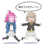  0_0 2girls ahoge angry black_jacket black_legwear blazer blue_jacket cardigan chasing covering_face crying deadnooodles drawing grey_hair grey_legwear holding_notebook jacket long_hair long_sleeves love_live! love_live!_school_idol_festival_all_stars super_mario_bros. multiple_girls nakasu_kasumi neck_ribbon nijigasaki_academy_uniform notebook o_o open_mouth outstretched_arms perfect_dream_project pink_hair pleated_skirt purple_footwear ribbon running shoes short_hair simple_background skirt sleeves_past_fingers sleeves_past_wrists socks spread_arms tears teeth tennouji_rina thigh-highs thwomp translated wavy_mouth white_background white_skirt yellow_neckwear 