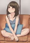 1girl absurdres barefoot brown_eyes brown_hair couch eyebrows_visible_through_hair facing_viewer flat_chest full_body highres indoors looking_up original pillow sitting solo villager_26n 
