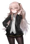  1girl bangs black_jacket black_skirt blush brown_eyes brown_hair brown_legwear closed_mouth collared_shirt dokomon dress_shirt eyebrows_visible_through_hair girls_frontline hair_between_eyes hair_ornament hand_in_pocket hand_up highres jacket long_hair long_sleeves looking_at_viewer miniskirt one_side_up open_clothes open_jacket pantyhose pleated_skirt revision scar scar_across_eye shirt simple_background skirt smile solo ump45_(girls_frontline) v very_long_hair white_background white_shirt 