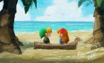  1boy 1girl beach bettykwong bird blonde_hair blue_dress blue_sky brown_hair closed_eyes clouds dress flower green_headwear green_tunic hair_flower hair_ornament link looking_at_another marin_(the_legend_of_zelda) nintendo ocean palm_tree red_flower sand seagull sky smile the_legend_of_zelda the_legend_of_zelda:_link&#039;s_awakening tree 