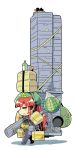  1girl =_= backpack bag beret bird bird_nest bodysuit boots carrying carrying_under_arm chibi colonel_aki commentary crow death_stranding food fruit gloves hat highres hong_meiling long_hair parody redhead shadow sidelocks solo standing star suitcase touhou translated watermelon white_background 