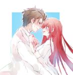  1boy 1girl accra_k bangs black_eyes blush brown_hair closed_mouth commentary_request couple ear_blush embarrassed eyebrows_visible_through_hair hair_between_eyes hetero highres hug incoming_kiss labcoat long_hair looking_at_another makise_kurisu messy_hair okabe_rintarou open_mouth redhead simple_background sketch steins;gate two-tone_background violet_eyes 