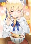  1girl ahoge artoria_pendragon_(all) bangs blonde_hair blue_ribbon blush bowl braid chopsticks closed_eyes collared_shirt commentary_request eating emiya-san_chi_no_kyou_no_gohan eyebrows_visible_through_hair fate/stay_night fate_(series) food hand_on_own_cheek highres holding holding_chopsticks kou_mashiro noodles ribbon saber shirt shrimp shrimp_tempura sitting smile soba table tempura udon white_shirt 