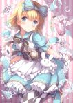  1girl alice_(wonderland) alice_in_wonderland apron argyle argyle_legwear blonde_hair blue_bow blue_dress blue_eyes blue_footwear blush bow card commentary_request corset cup dress drink_me expressionless frilled_cuffs hair_bow heart mary_janes niwasane_(saneatsu03) pantyhose pinafore_dress playing_card pocket_watch rabbit sailor_dress shoes short_hair shorts soap_bubbles solo striped striped_background striped_bow teacup twitter_username vertical-striped_background vertical_stripes vial watch wrist_cuffs 