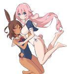  2girls animal_ears artist_request azur_lane bangs blue_eyes blue_swimsuit blush breasts brown_eyes brown_hair bunny_tail dark_skin eyebrows_visible_through_hair floating_hair hair_between_eyes hair_ribbon hairband i-25_(azur_lane) i-26_(azur_lane) large_breasts long_hair looking_at_viewer low-tied_long_hair multiple_girls one-piece_swimsuit open_mouth parted_bangs pink_hair rabbit_ears ribbon sailor_collar short_hair simple_background strapless strapless_swimsuit swimsuit tail very_long_hair white_background white_sailor_collar white_swimsuit 