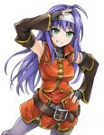  1girl belt black_gloves blue_hair fingerless_gloves fire_emblem fire_emblem:_radiant_dawn gloves green_eyes grin hairband long_hair mia_(fire_emblem) simple_background smile solo tenchan_man white_background white_hairband 