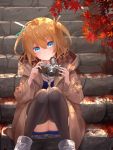  1girl autumn_leaves azur_lane bangs black_legwear blonde_hair blue_eyes brown_jacket camera closed_mouth gridley_(azur_lane) hair_between_eyes highres holding holding_camera jacket knees_up long_sleeves neckerchief shoes short_hair sitting sitting_on_stairs smile sneakers solo stairs stone_stairs sumi_(kjtd2458) thigh-highs tied_hair two_side_up white_footwear yellow_neckwear 