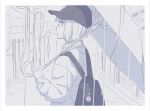  1girl aoba_moca backpack bag bag_charm bang_dream! baseball_cap charm_(object) from_side hat holding holding_umbrella long_sleeves monochrome outdoors rain shibasaki_shouji short_hair sketch solo sweatshirt umbrella 