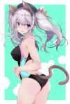  1girl animal_ears aqua_background ass beret black_headwear black_swimsuit blue_eyes border cat_ears cat_tail competition_swimsuit cowboy_shot from_behind hat kantai_collection kashima_(kantai_collection) looking_at_viewer looking_back one-piece_swimsuit sidelocks silver_hair solo standing swimsuit tail tsurime twintails two-tone_background wavy_hair white_border yumesato_makura 