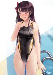  1girl bangs bare_shoulders black_swimsuit blush bow breasts collarbone competition_swimsuit cowboy_shot embarrassed eyebrows_visible_through_hair girls_frontline hair_bow hand_up highleg highres large_breasts long_hair looking_away one-piece_swimsuit one_side_up open_mouth purple_hair red_bow red_eyes shiny shiny_clothes shirosaba solo swimsuit very_long_hair wa2000_(girls_frontline) wet 