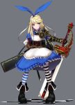  1girl absurdres alice_in_wonderland armor black_footwear blonde_hair blue_dress blue_eyes brown_gloves checkered checkered_floor closed_mouth corset dress earrings eyebrows_visible_through_hair gauntlets gloves grey_background haiiro_gundan hand_on_hip highres holding holding_sword holding_weapon huge_weapon jewelry long_hair makeup original pauldrons scabbard sheath sheathed simple_background solo striped striped_legwear sword thigh-highs unsheathed w weapon 