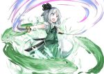  1girl :o animal black_ribbon dress dual_wielding flower green_dress green_eyes hair_ribbon hairband highres holding holding_sword holding_weapon katana konpaku_youmu meimei_(gvsu2738) neck_ribbon otter_spirit_(touhou) ribbon short_sleeves skirt sweatdrop sword touhou weapon white_background white_hair 