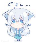  1girl animal_ear_fluff animal_ears blue_eyes blue_jacket blue_skirt blush chibi closed_mouth fukunoki_tokuwa full_body grey_legwear jacket kemonomimi_mode long_hair long_sleeves looking_at_viewer nijisanji nose_blush open_clothes open_jacket pantyhose shadow shirt silver_hair skirt solo standing tears translated twitter_username very_long_hair virtual_youtuber wavy_mouth white_background white_shirt yukishiro_mahiro 