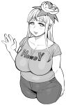  1girl breasts collarbone denim flower hair_flower hair_ornament highres huge_breasts jeans long_hair looking_at_viewer monochrome pants pointy_ears raised_eyebrows shirt simple_background smile solo synecdoche thick_eyebrows white_background 