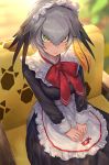  1girl alternate_costume apron black_dress black_hair blonde_hair closed_mouth dress eyebrows_visible_through_hair green_eyes grey_hair guchico hair_between_eyes head_wings kemono_friends long_sleeves looking_at_viewer maid maid_headdress multicolored_hair red_neckwear shoebill_(kemono_friends) sitting solo waist_apron white_apron 