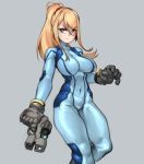  1girl bangs black_gloves blonde_hair blue_bodysuit blue_eyes bodysuit breasts covered_navel gloves grey_background gun hair_ornament hair_scrunchie handgun highres holding holding_gun holding_weapon impossible_bodysuit impossible_clothes kelvin_hiu large_breasts long_hair metroid paralyzer ponytail red_scrunchie samus_aran scrunchie serious skin_tight solo swept_bangs trigger_discipline weapon zero_suit 