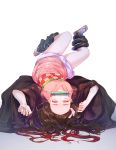  1girl absurdres bamboo bare_legs bit_gag black_hair black_haori full_body gag gradient gradient_background grey_background hair_ribbon haori highres japanese_clothes kamado_nezuko kimetsu_no_yaiba kimono long_hair long_sleeves looking_at_viewer lying mouth_hold multicolored_hair on_back oni open_clothes pink_eyes pink_kimono pink_nails pink_ribbon redhead ribbon ridam short_kimono simple_background solo two-tone_hair white_background wide_sleeves 