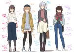  4girls absurdres akizuki_(kantai_collection) alternate_costume bag boots brown_hair casual coat denim directional_arrow grey_hair handbag hat hatsuzuki_(kantai_collection) highres holding holding_bag jeans kantai_collection kiritto long_skirt multiple_girls pants pantyhose ribbed_sweater scarf shoulder_bag simple_background skirt suzutsuki_(kantai_collection) sweater teruzuki_(kantai_collection) thigh-highs translation_request turtleneck 