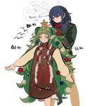  2girls alternate_costume blue_eyes blue_hair braid byleth_(fire_emblem) byleth_eisner_(female) christmas_ornaments closed_eyes closed_mouth english_text fire_emblem fire_emblem:_three_houses fish funyanrinpa green_hair highres long_hair long_sleeves medium_hair multiple_girls open_mouth pointy_ears simple_background sothis_(fire_emblem) star sweater twin_braids white_background 