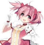  1girl :d absurdres bad_id bad_pixiv_id blush breasts choker collarbone eyebrows_visible_through_hair eyelashes floating_hair frilled_sleeves frills gloves hair_between_eyes hair_ribbon hand_up happy highres kaname_madoka looking_away mahou_shoujo_madoka_magica misteor open_mouth outstretched_hand pink_eyes pink_hair pink_ribbon puffy_short_sleeves puffy_sleeves reaching_out red_choker red_neckwear ribbon shiny shiny_skin short_sleeves short_twintails sidelocks simple_background small_breasts smile solo soul_gem twintails upper_body white_background white_gloves 