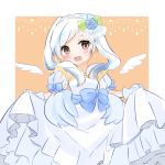  1girl bow brown_eyes dress fire_emblem fire_emblem_awakening gloves highres open_mouth puni_y_y robin_(fire_emblem) robin_(fire_emblem)_(female) simple_background solo twintails wedding_dress white_dress white_gloves white_hair 